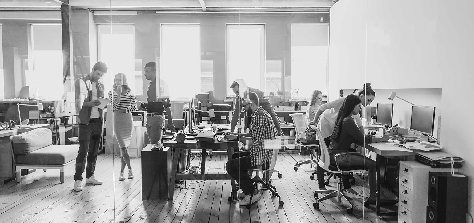 Open office with staff working on computer