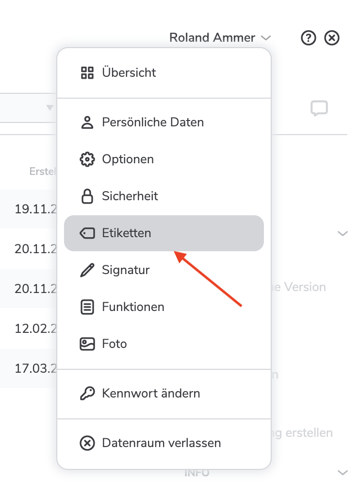 Screenshot der Etiketten Funktion im netfiles Datenraum