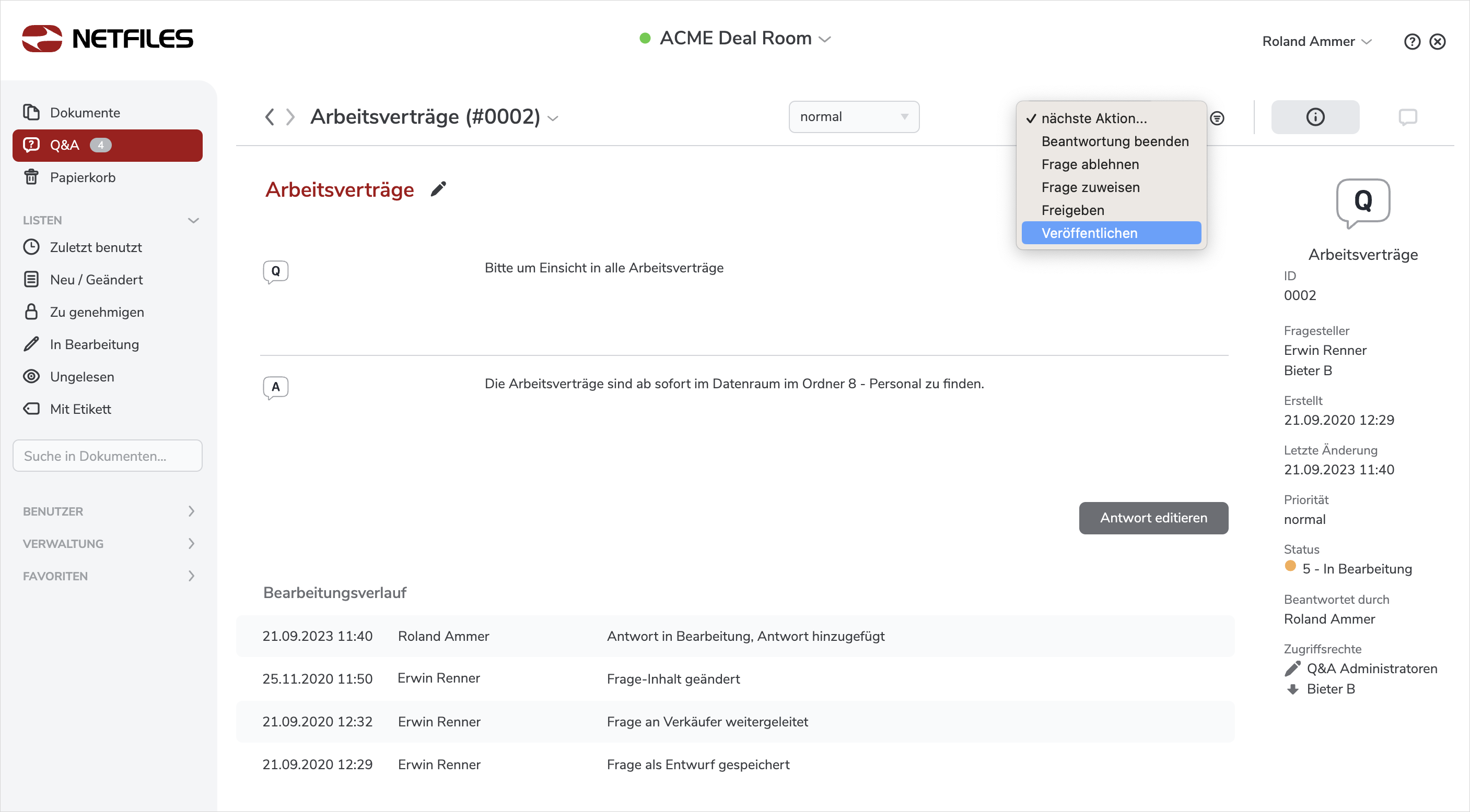 Screenshot Q&A Funktion in netfiles Deal Room