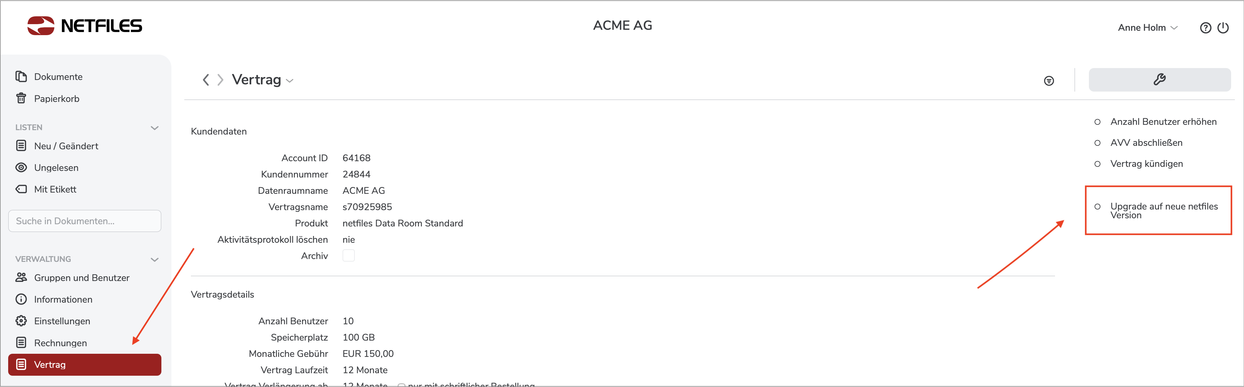 Screenshot: Wo Sie den Link zum Upgrade auf die neue Version im netfiles Datenraum finden