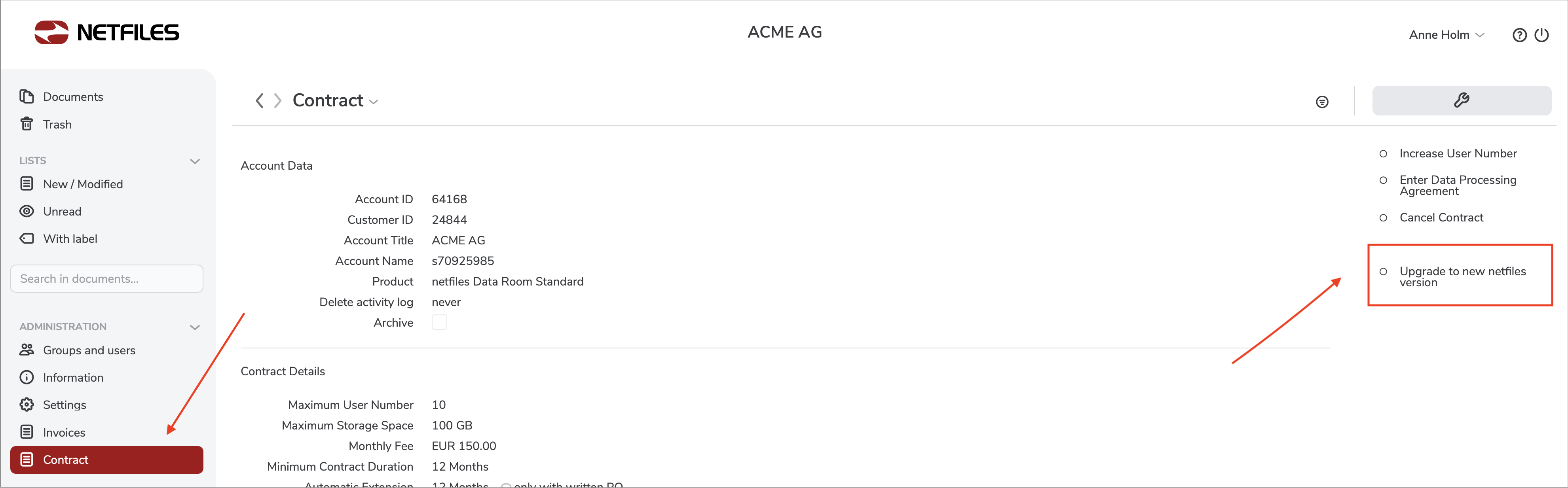 Screenshot: Where to find the link to upgrade to the new version in the netfiles data room