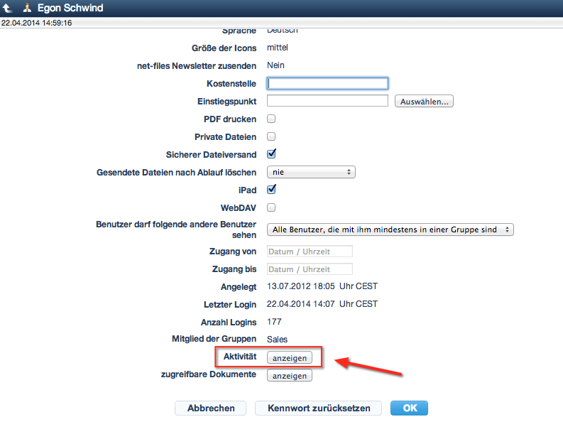 Screenshot Aufruf des Aktivitätsprotokolls im netfiles Datenraum