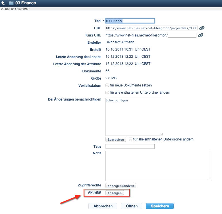 Screenshot Aktivität anzeigen zu einem Ordner in netfiles