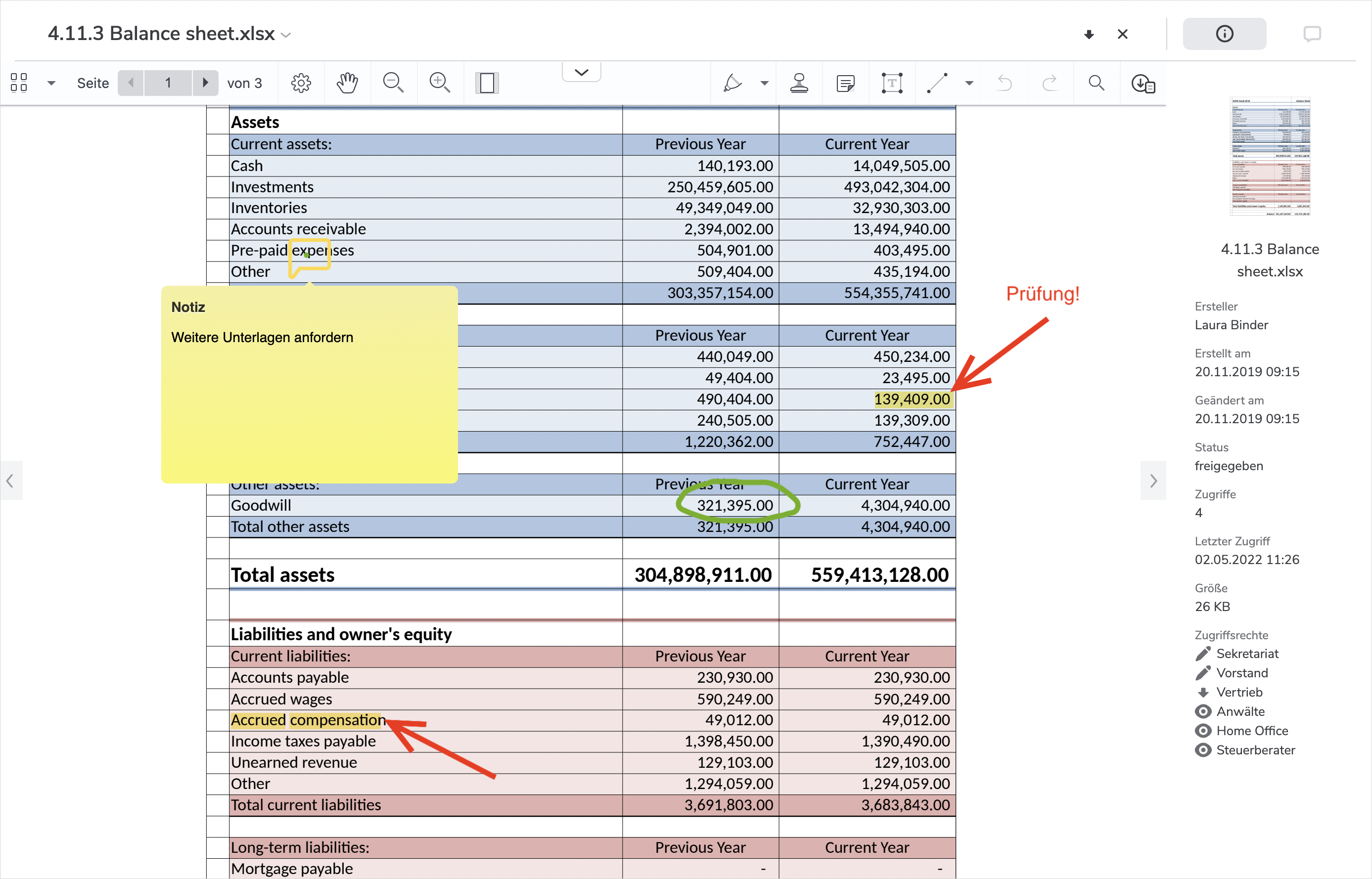 Screenshot mit Dokument Annotationen im netfiles Datenraum