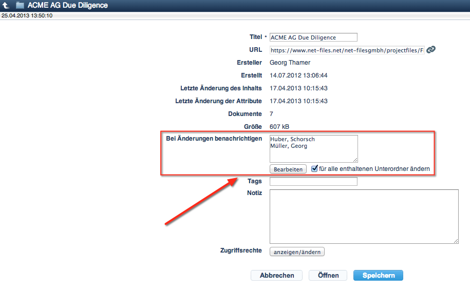 Screenshot automatische Benachrichtigung im netfiles Datenraum