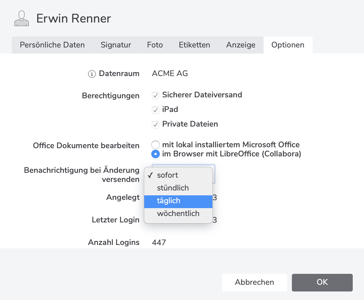 Screenshot Einstellung automatische Benachrichtigungen in netfiles