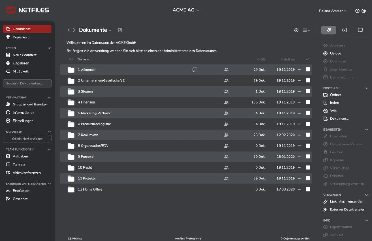 Screenshot Dunkelmodus netfiles Datenraum