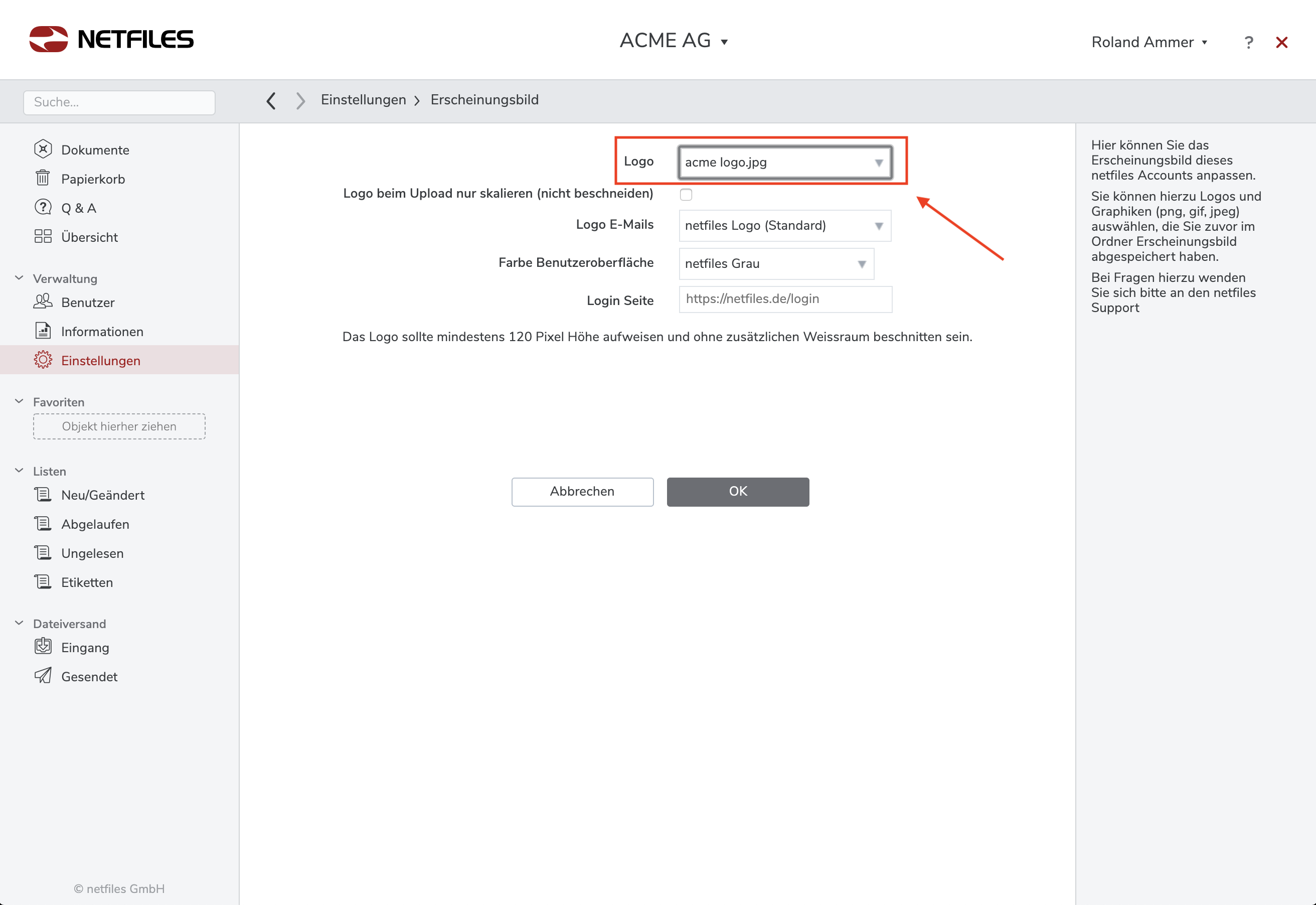Screenshot Datenraum Erscheinungsbild Einstellungen