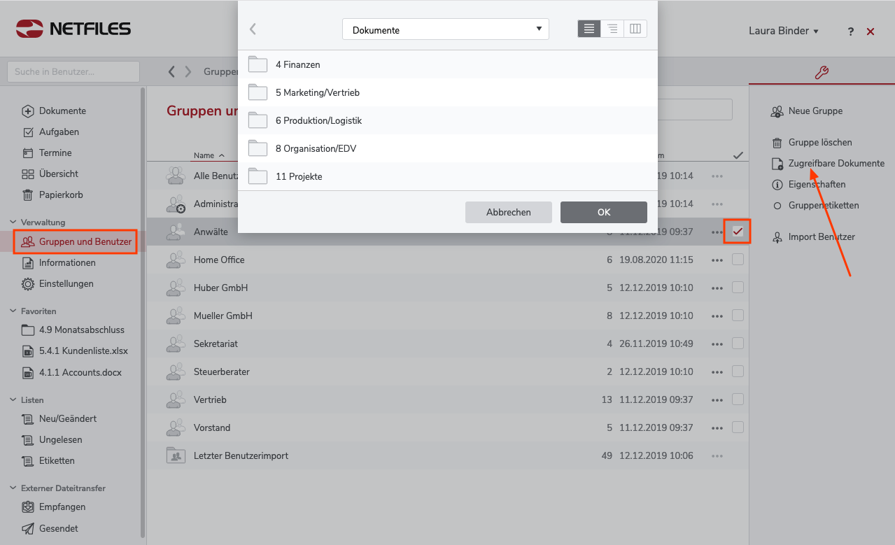 Screenshot zugreifbare Dokumente im netfiles Datenraum