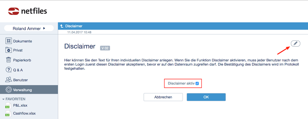 disclaimer aktivieren netfiles