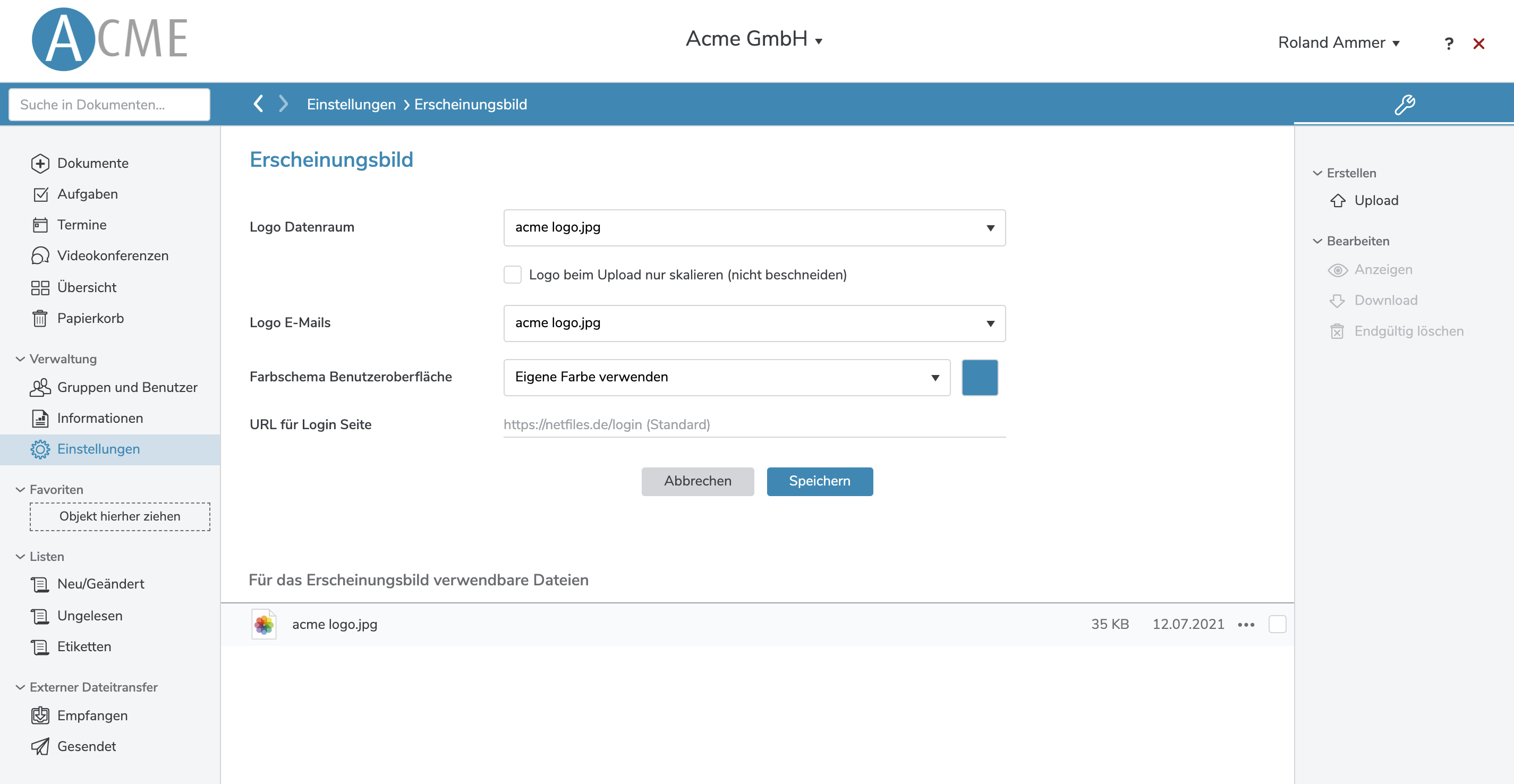 Screenshot Einstellungen Erscheinungsbild des netfiles Datenraums