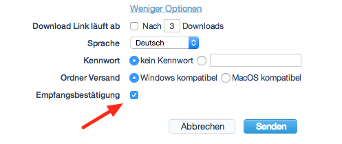 Screenshot Empfangsbestätigung Option beim netfiles Dateitransfer