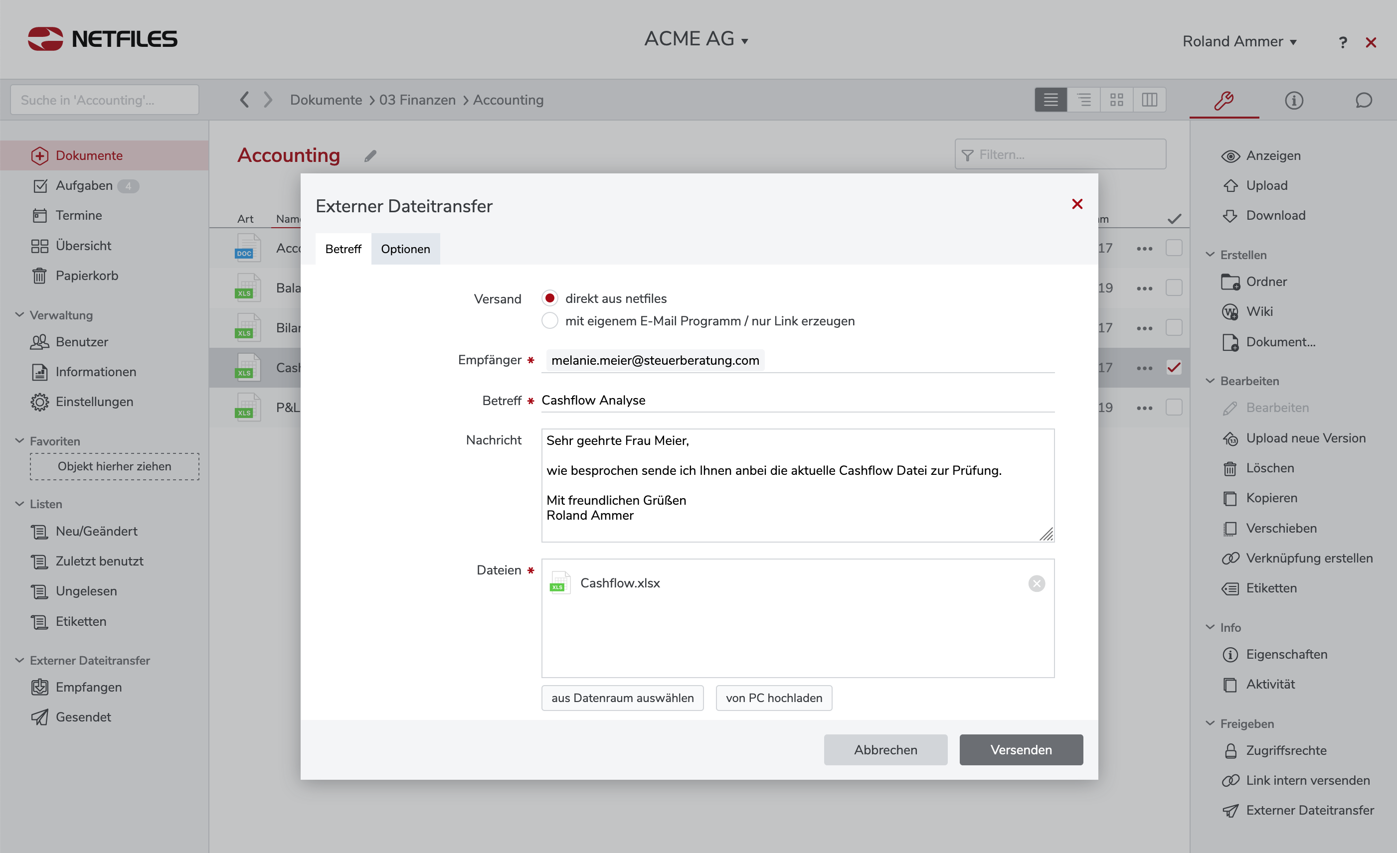 Screenshot der Externer Dateitransfer Funktion im netfiles Datenraum