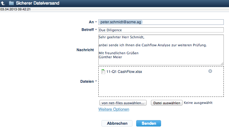 Screenshot der Funktion Sicherer Dateiversand in netfiles