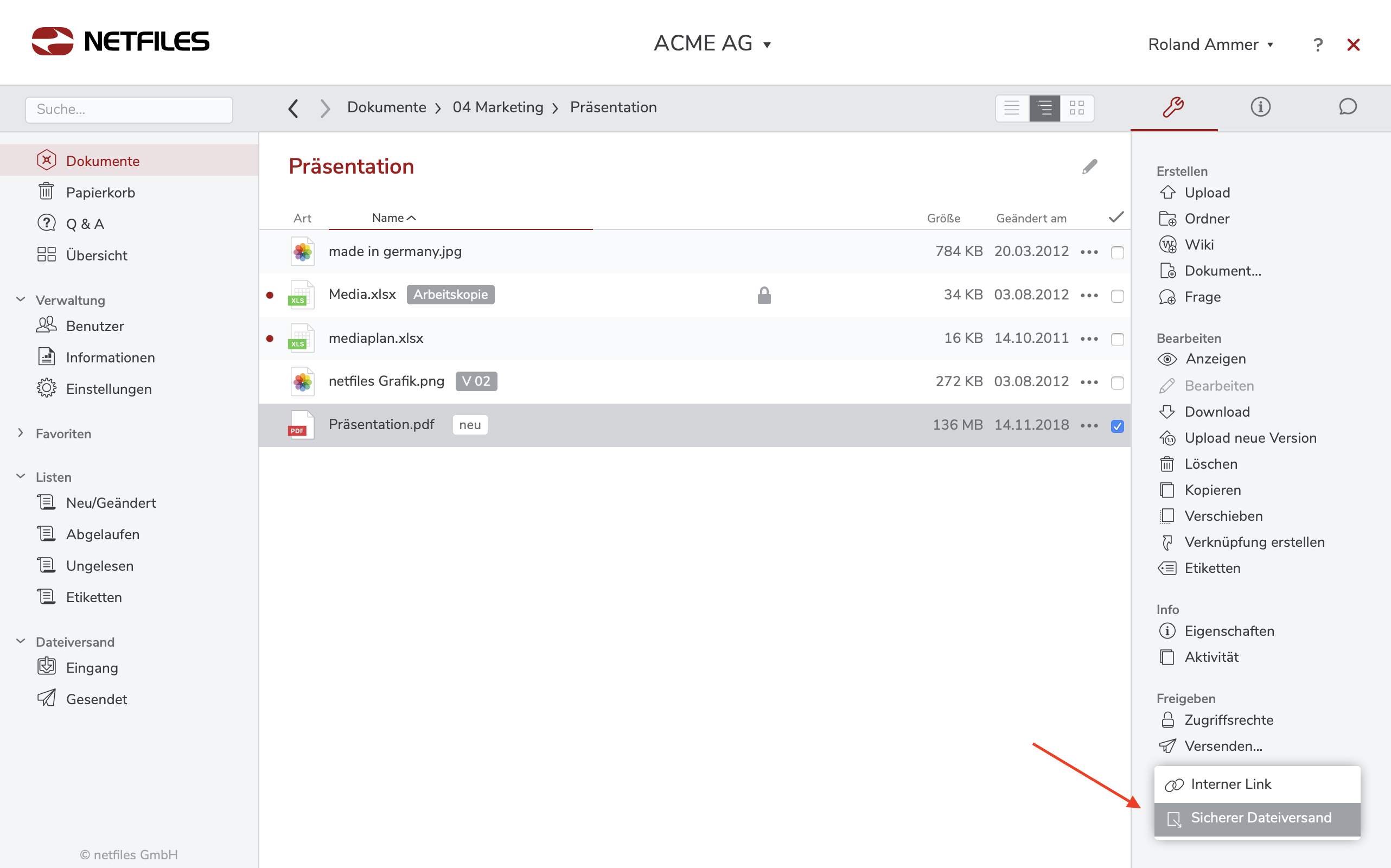 Screenshot netfiles Sicherer Dateiversand Funktion
