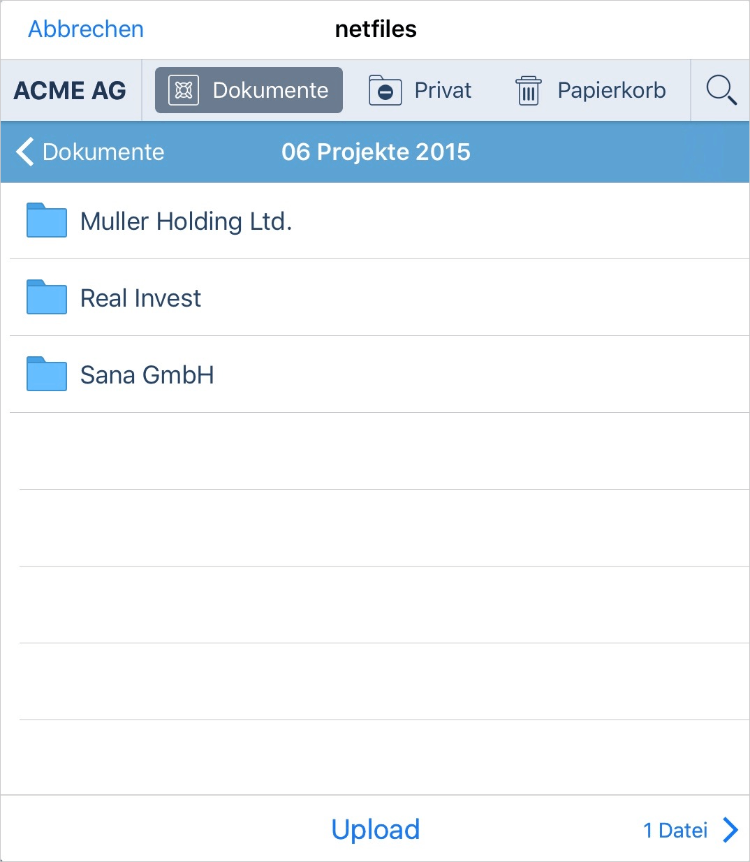 Screenshot Upload Dokumente in netfiles auf iPad