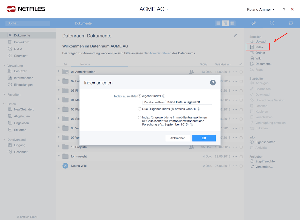 Index anlegen im netfiles Datenraum