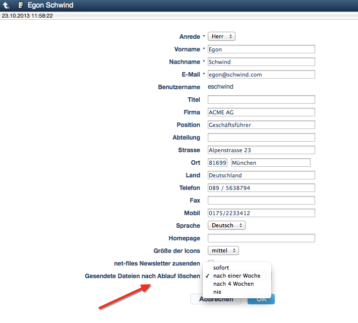 Screenshot persönliche Benutzereinstellungen im Datenraum