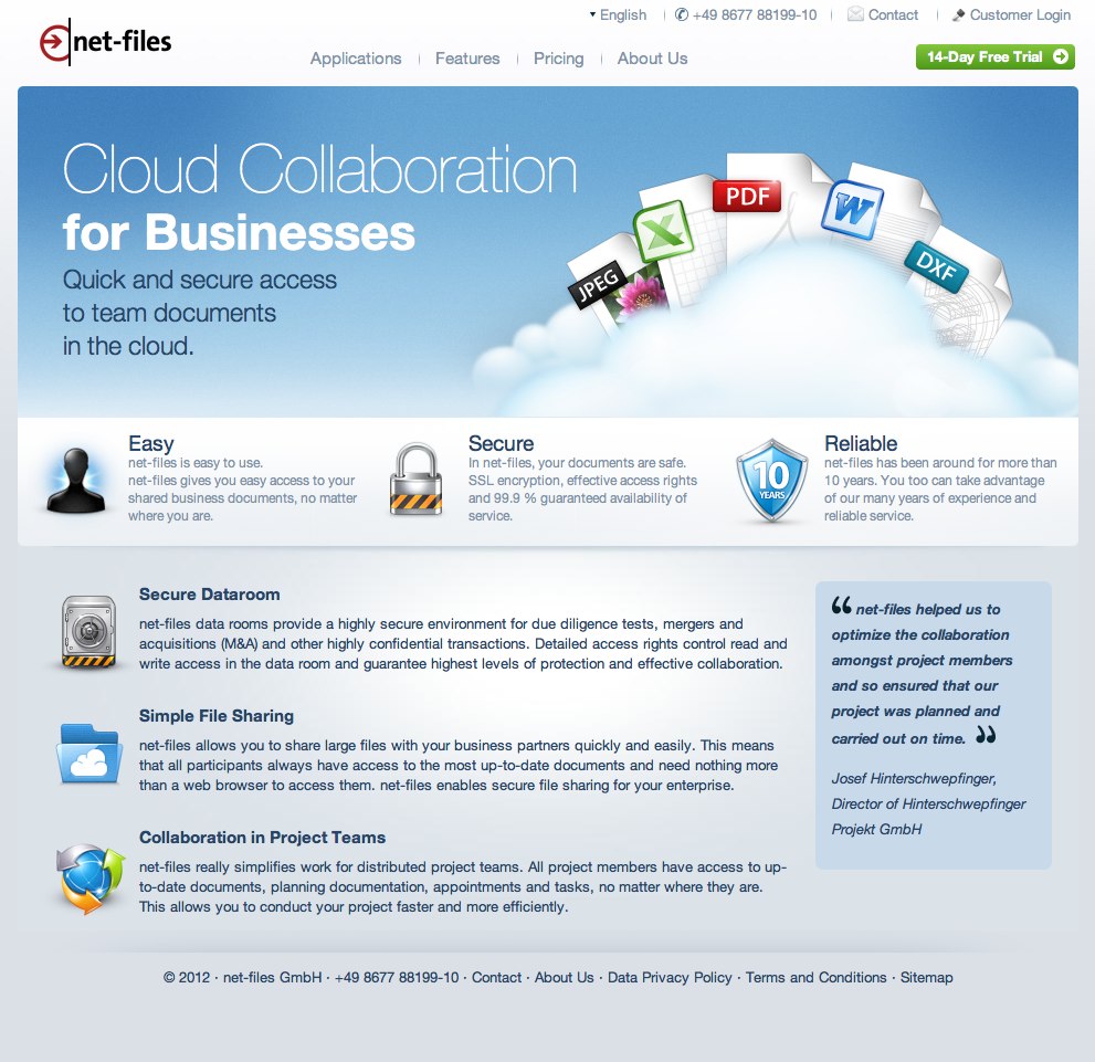 Screenshot der englischsprachigen netfiles Website