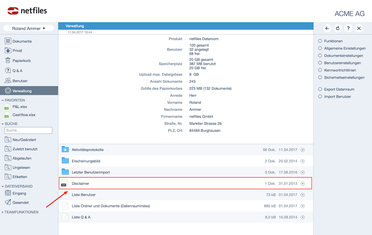 Screenshot der netfiles Datenraum disclaimer Funktion