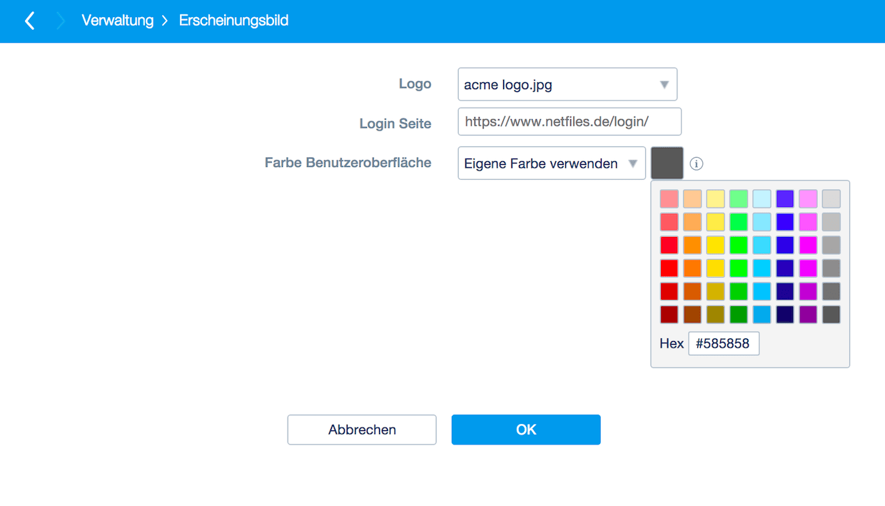 Screenshot Logo und Farbe für netfiles Datenraum einstellen