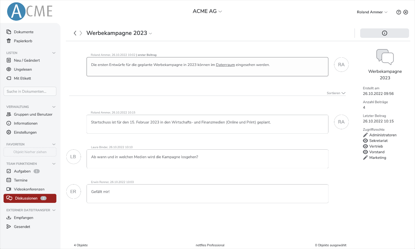Screenshot der netfiles Diskussionen Funktion
