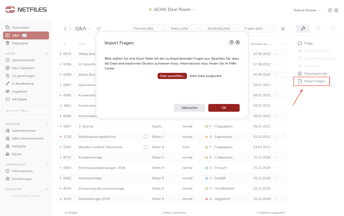 netfiles Q&A Fragen Import