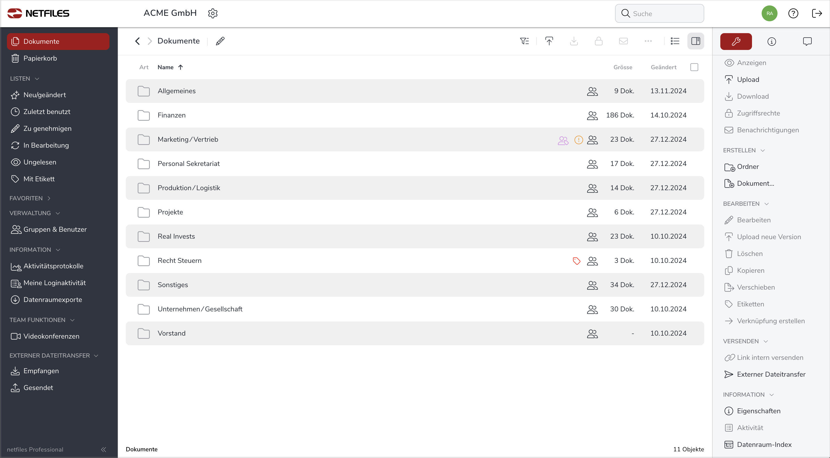 Screenshot: Erscheinungsbild der neuen Version von netfiles Data Room