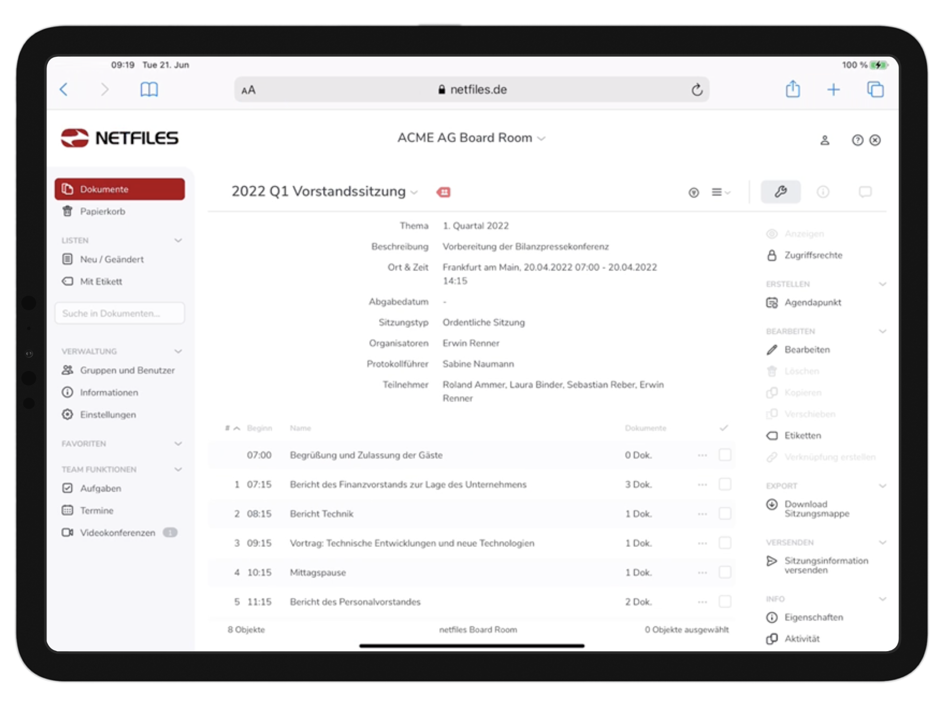netfiles Board Room auf iPad