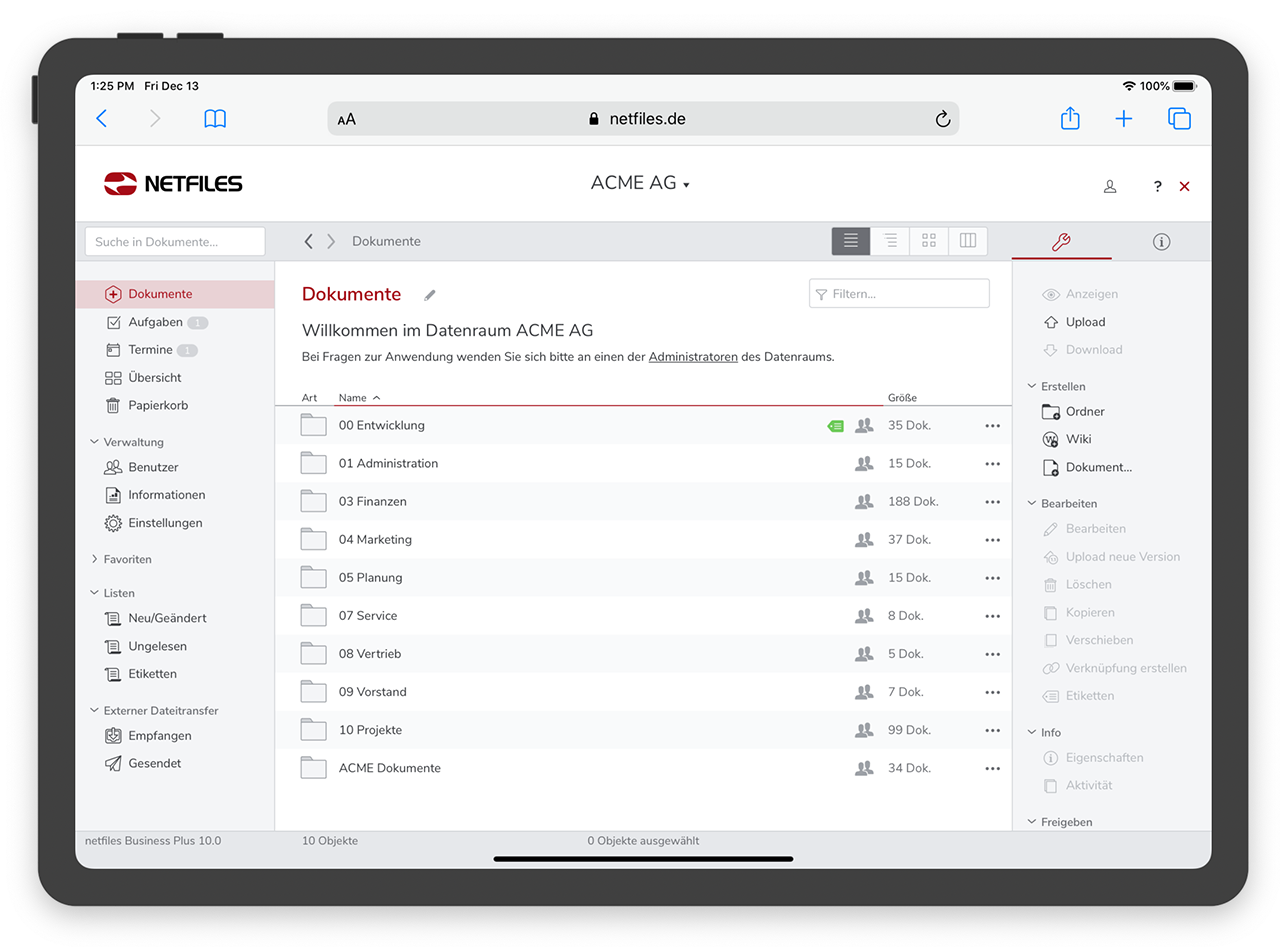 Screenshot des netfiles Datenraums auf einem Tablet Computer