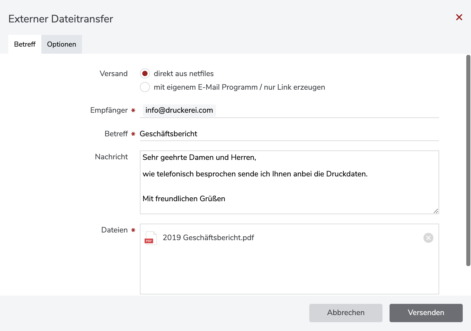 Screenshot Externer Dateitransfer Dialog in netfiles