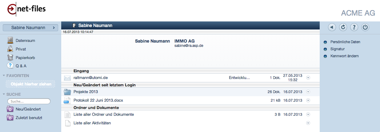 Screenshot persönliche Startseite in netfiles