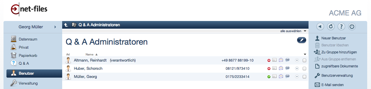 Screenshot netfiles Q&A Administratoren Liste