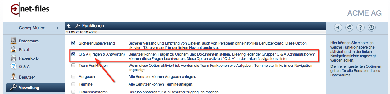 Screenshots netfiles Einstellungen zur Aktivierung der Q&A Funktion