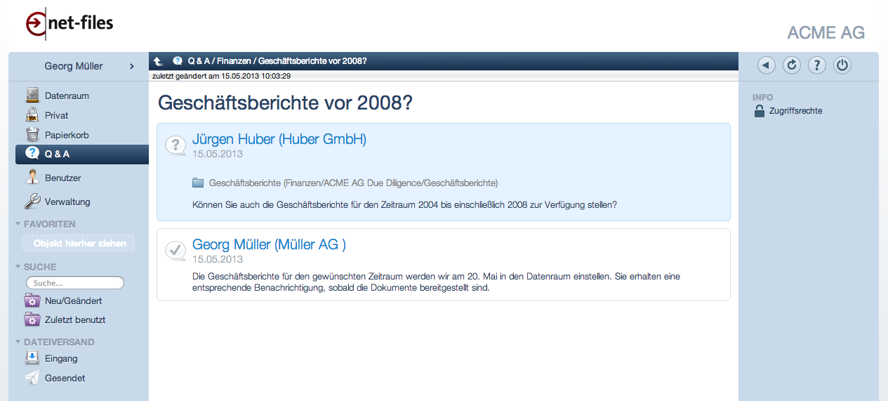 Screenshot Q&A Ansicht im netfiles Datenraum