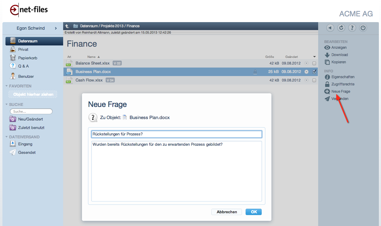 Screenshot Q&A Frage im netfiles Datenraum
