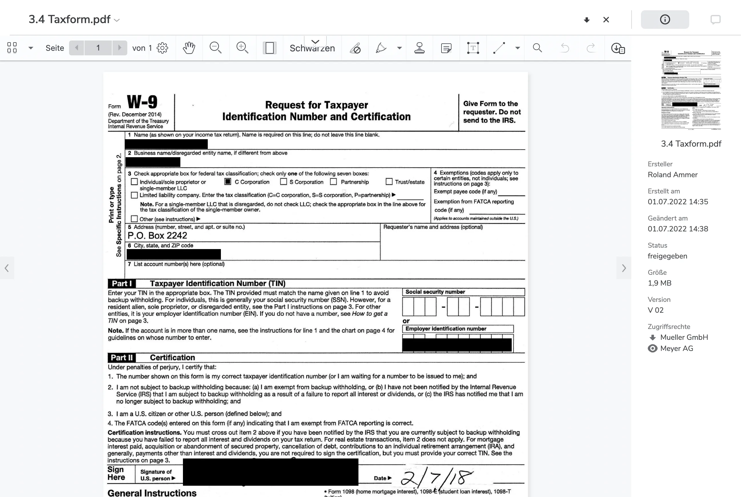 Screenshot Schwärzung Funktion im netfiles Datenraum
