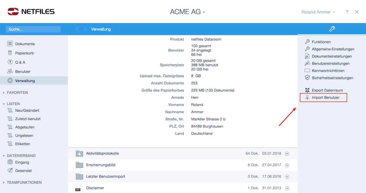 Screenshot der Import Benutzer Funktion im netfiles Datenraum