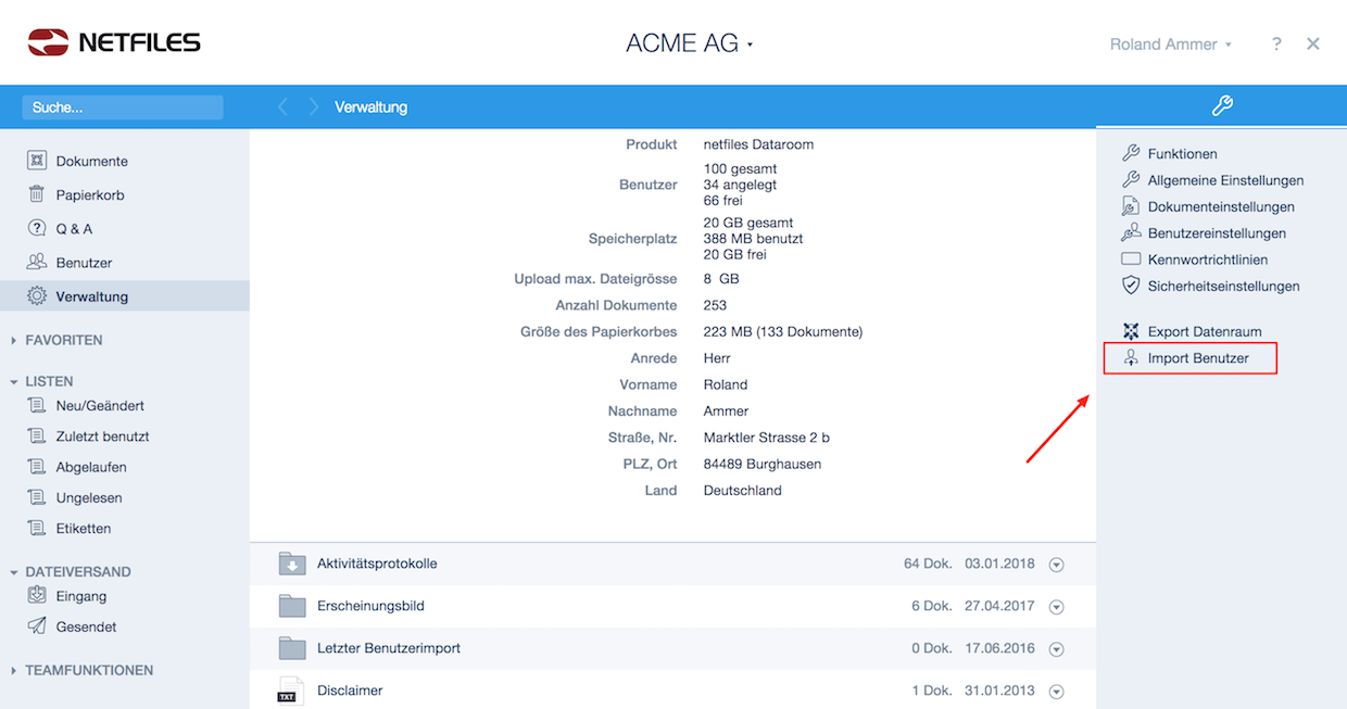Screenshot Import Benutzer Funktion in netfiles