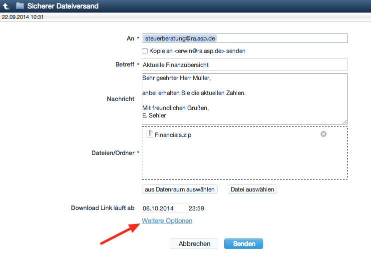 Screenshot Sicherer Dateiversand weitere Optionen