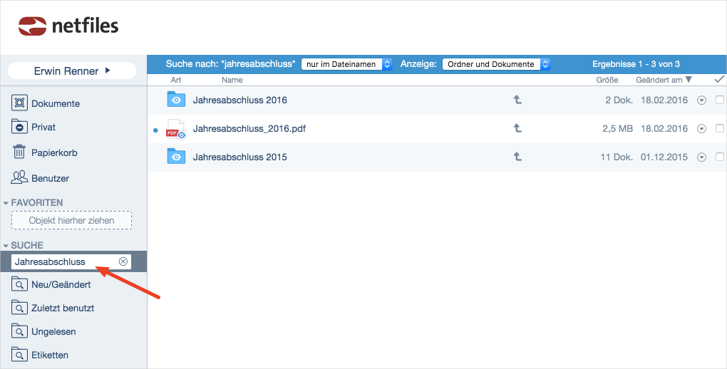 Screenshot der Suche Funktion im netfiles Datenraum