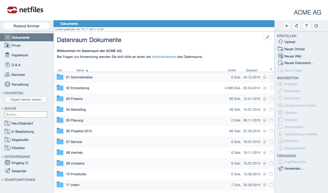 Screenshot Datenraum Dokumente in netfiles