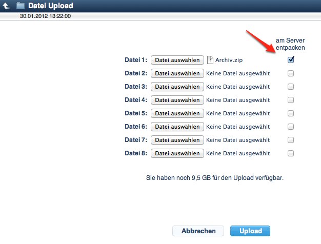 Screenshot des Upload Dialogs