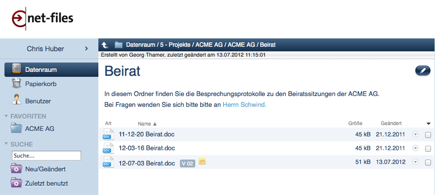 Screenshot Dokumenten Versionierung in netfiles