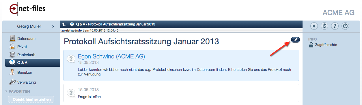 Screenshot Q&A Bearbeitung im netfiles Datenraum