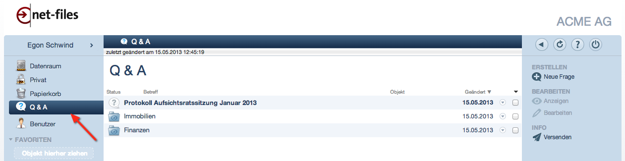 Screenshot Q&A Benutzer im netfiles Datenraum