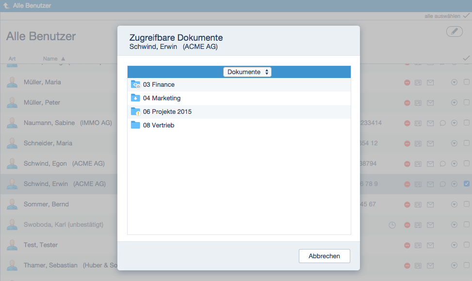 Screenshot zugreifbare Dokumente im Datenraum