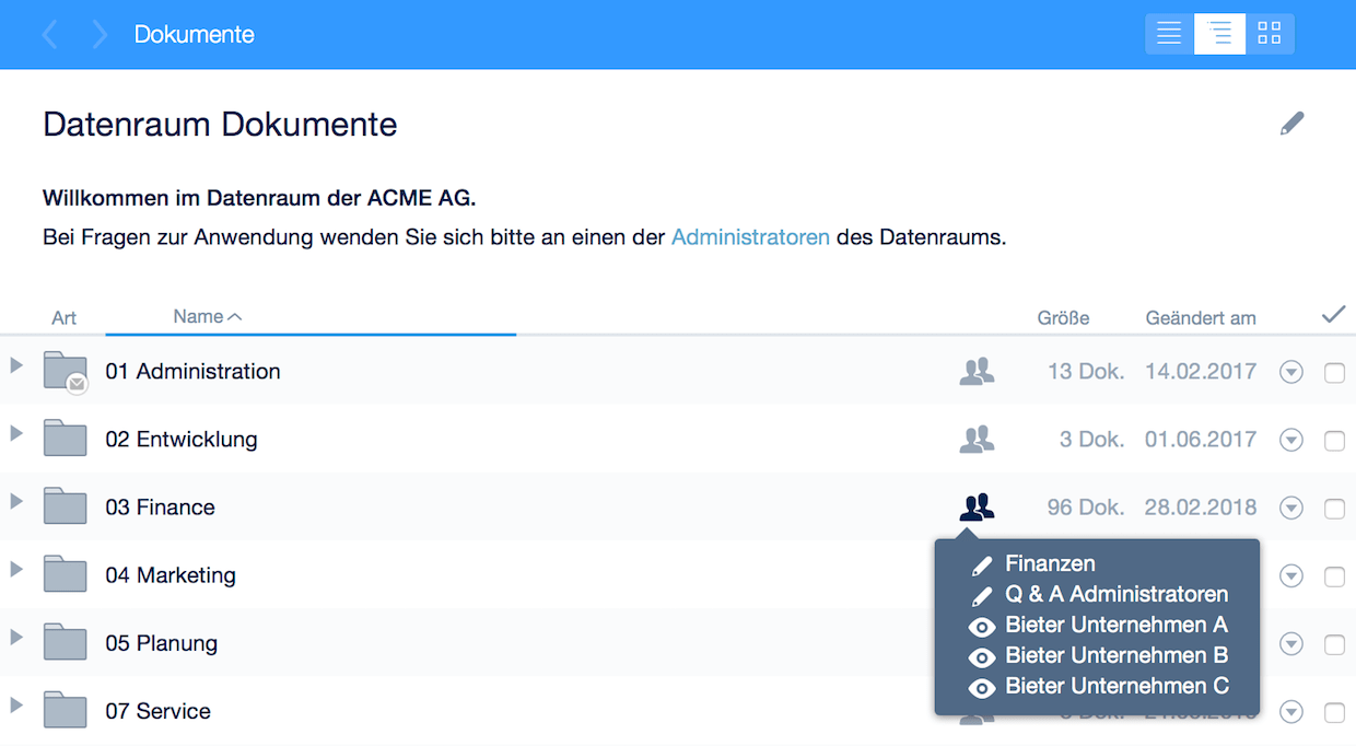 Screenshot Anzeige der Zugriffsrechte im netfiles Datenraum