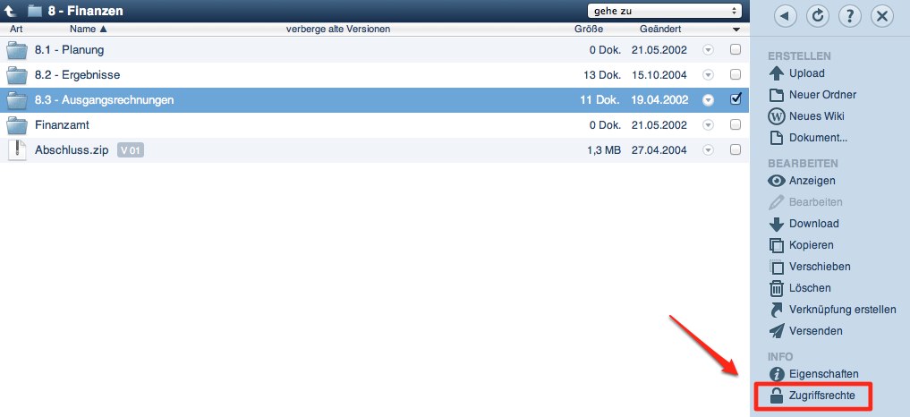Screenshot Funktion Zugriffsrechte im netfiles Datenraum