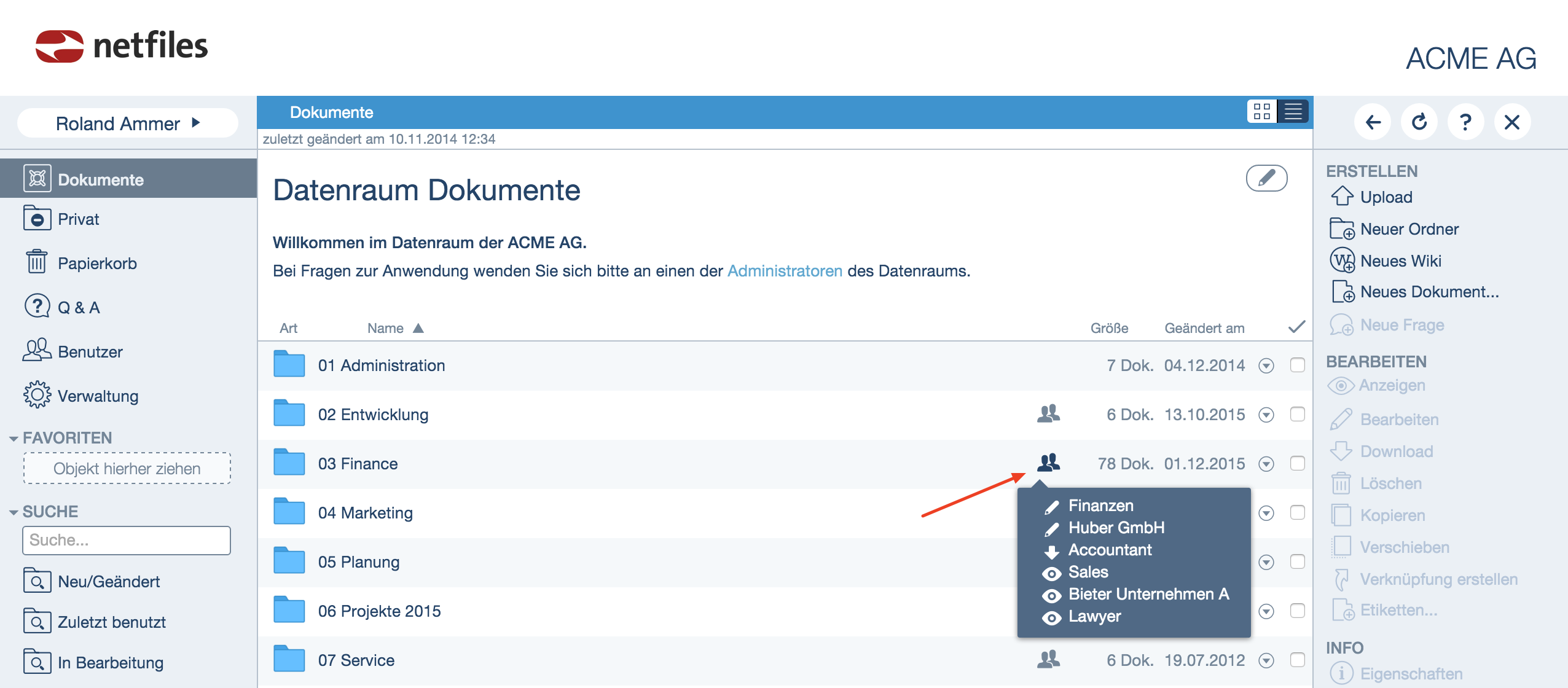 Screenshot Anzeige Zugriffsrechte im netfiles Datenraum